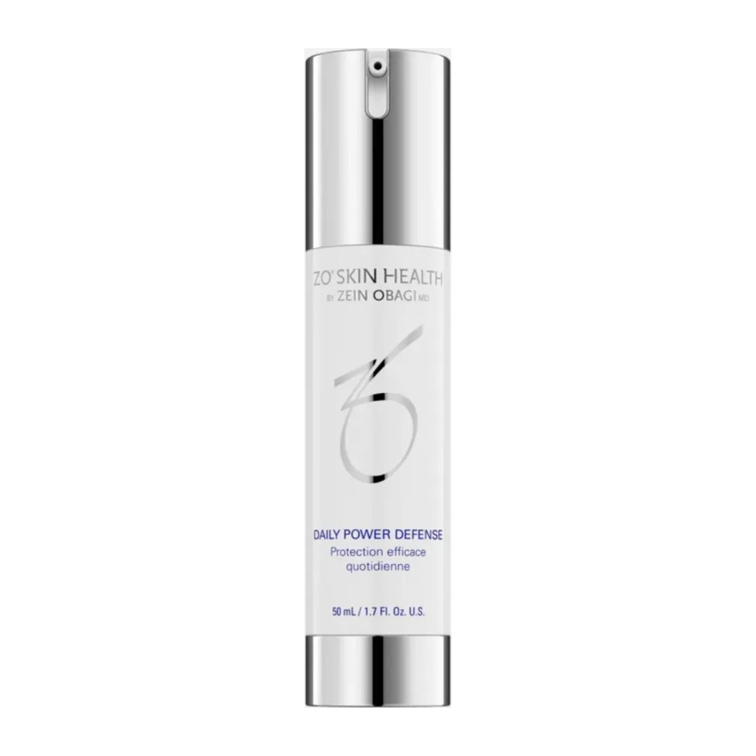 ZO Skin Health Daily Power Defense serum in a silver airless pump bottle