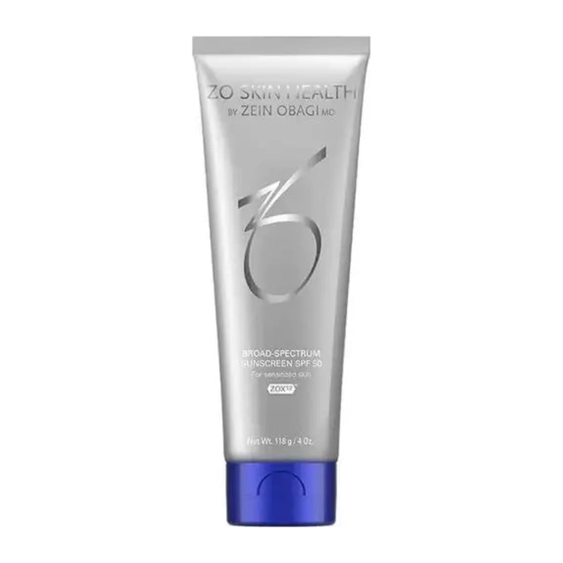 ZO Skin Health Broad Spectrum SPF 50 sunscreen in a silver tube with a blue cap