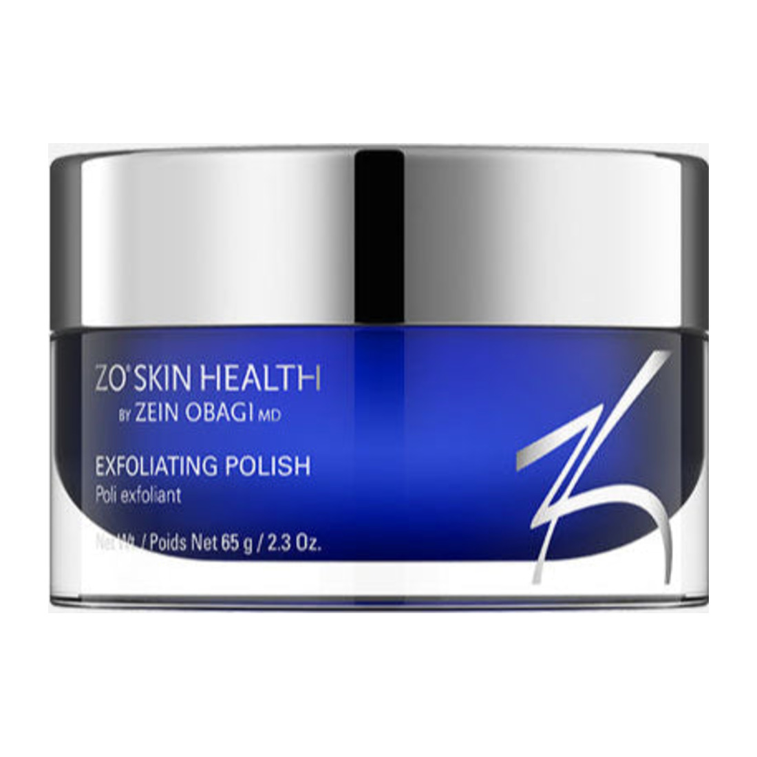 ZO Skin Health Exfoliating Polish in a deep blue jar with a silver lid