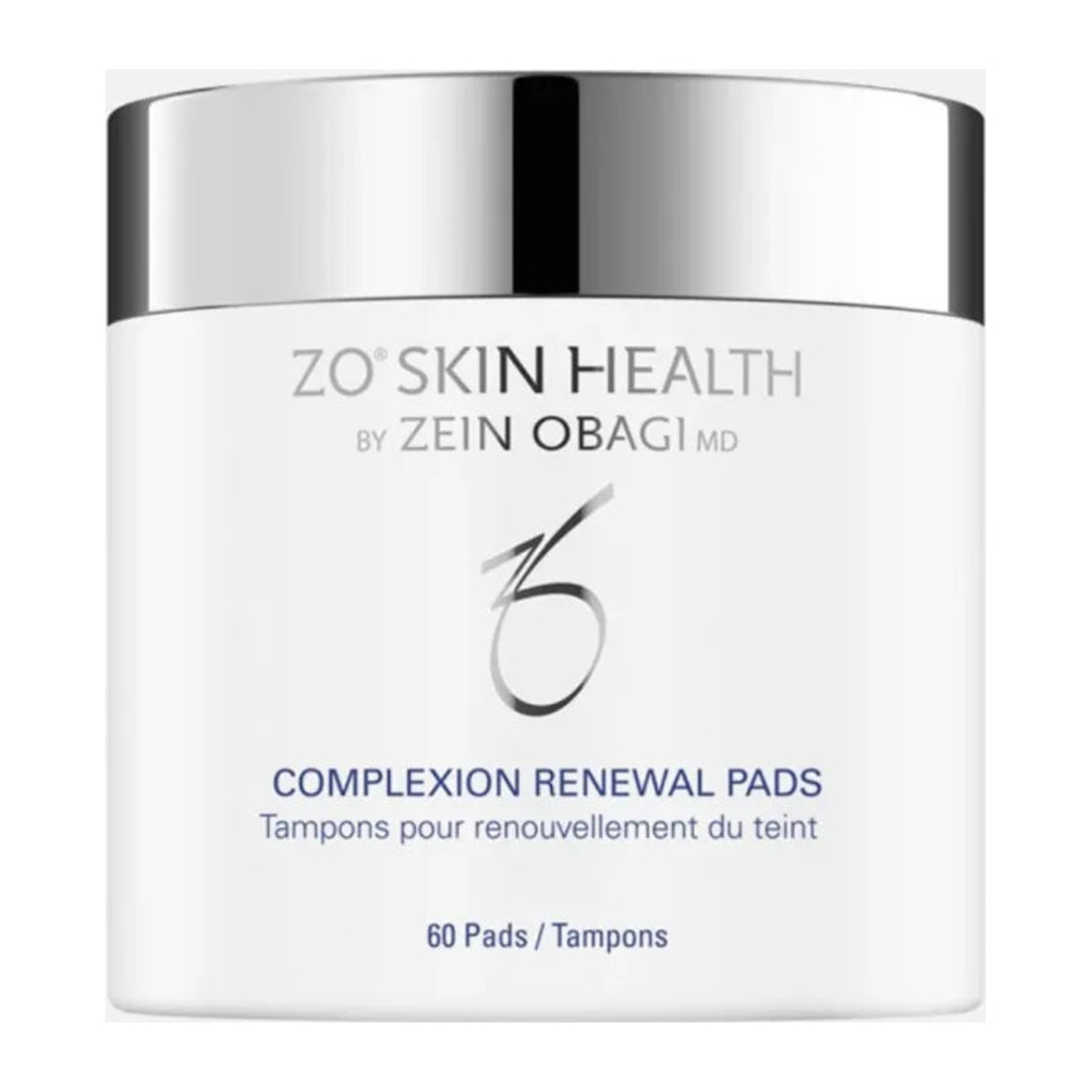 ZO Skin Health Complexion Renewal Pads in a white jar with a silver lid