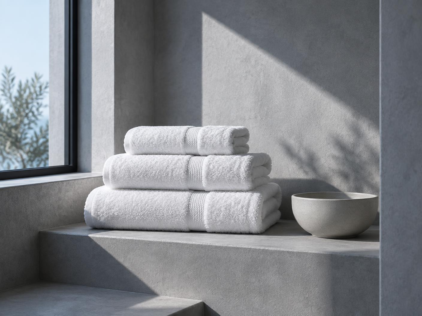 Folded white towels and a pale ceramic bowl on a concrete ledge in daylight